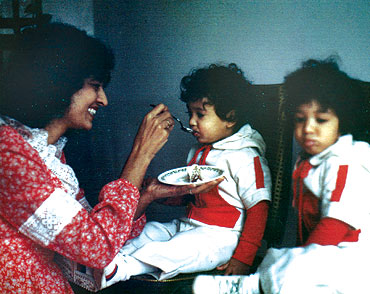 Portraits of Neil Shastri and his twin Jay from their childhood