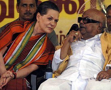 DMK chief M Karunanidhi with Congress chief Sonia Gandhi at a function in Chennai