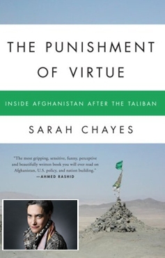 Sarah Chayes (inset), and the cover of her book The Punishment of Virtue, Inside Afghanistan After the Taliban