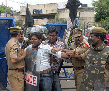 A pro-Telangana protester being detained