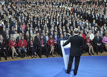 Russia's Prime Minister Putin delivers a speech during the United Russia congress in Moscow on Saturday