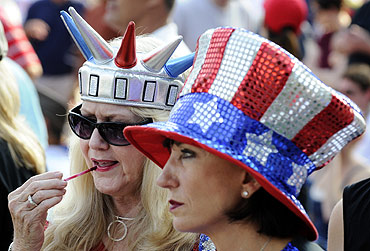 Women dress in the colours of the American national flag in Washington, DC