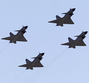 Chinese Jian-10 fighter jets at the Yangcun air force base on the outskirts of Tianjin