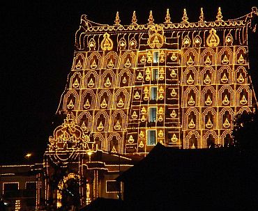 Sri Padmanabhaswamy temple tower during the Laksha Deepam festival.