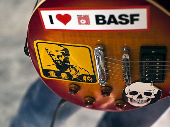 A picture of Osama bin Laden is seen on a guitar belonging to an Afghan rock musician