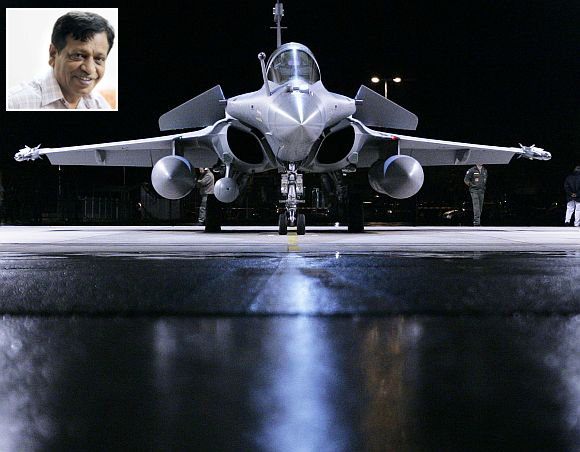 (Inset) MV Mysura Reddy, member of the parliamentary defence standing committee. A French Dassault Rafale fighter jet