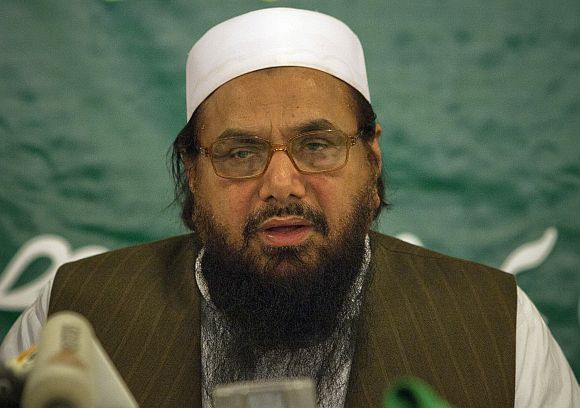 Hafiz Mohammad Saeed speaks during a news conference in Rawalpindi on Wednesday