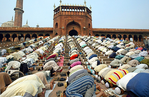 Muslims pray at the Jama Masjid, India's biggest mosque
