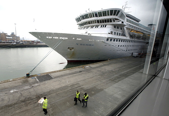 The cruise ship Balmoral is prepared before passengers board it