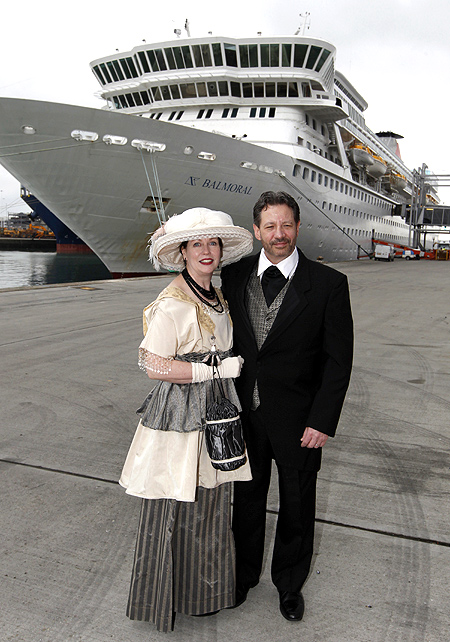Newlyweds Mary Beth Crocker Dearing and Tom Dearing of Newport, Kentucky pose while wearing period costume before boarding the Titanic Memorial Cruise in Southampton