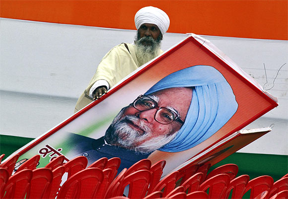 A billboard of Prime Minister Manmohan Singh