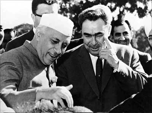Prime Minister Jawaharlal Nehru with Leonid Brezhnev, then the chairman of the presidium of the supreme council of the USSR, during his visit to India in December 1961. Brezhnev would succeed Nikita Khrushchev in 1964