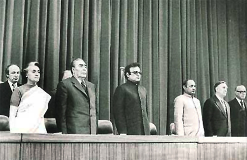 From left, Prime Minister Indira Gandhi, Soviet leader Leonid Brezhnev, Delhi Lieutenant Governor Jagmohan and then Minister for External Affairs P V Narasimha Rao in New Delhi, December 1980