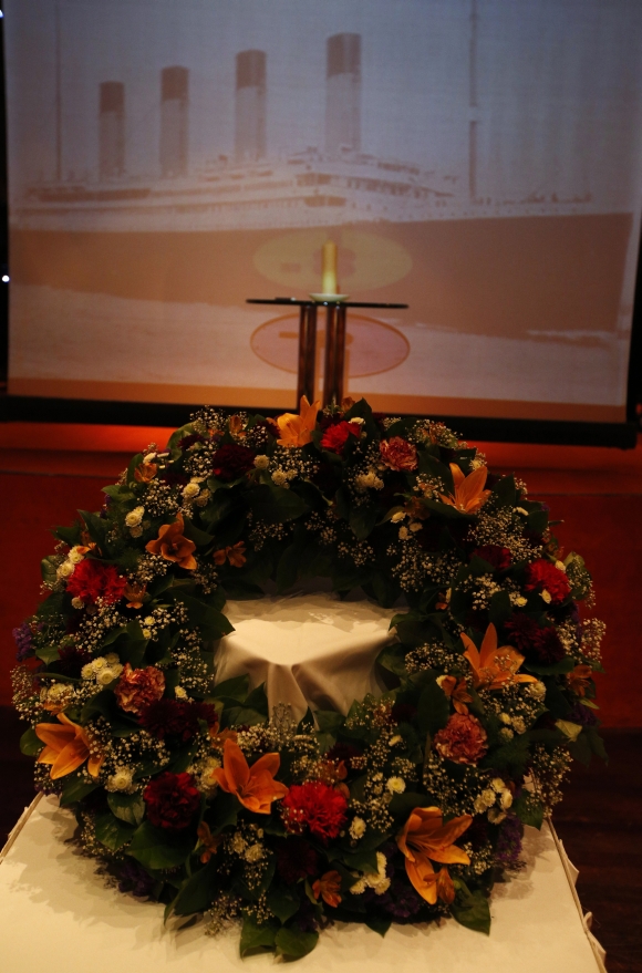 A wreath is seen before a memorial service on board the Titanic Memorial Cruise