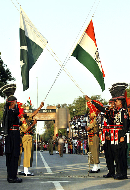 The Border Security Force and Pakistani Rangers during the daily parade at the Wagah border