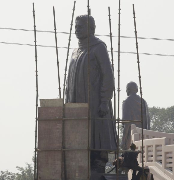 A statue of Mayawati being covered during the recent UP election campaign, on the Election Commission's orders