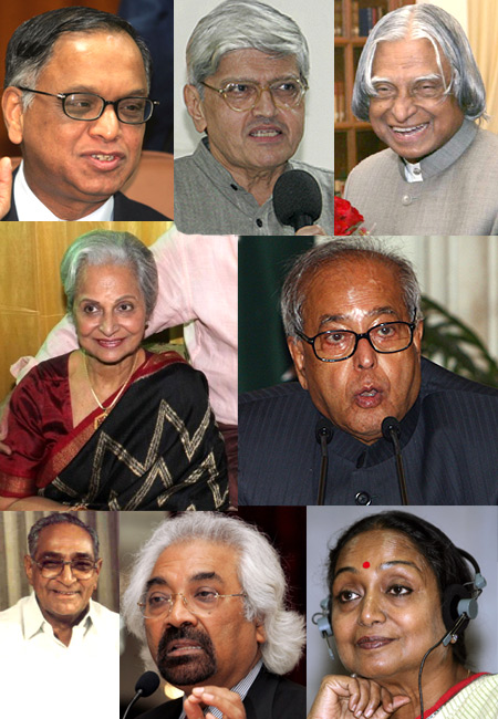 From top, left, N R Narayana Murthy, Gopal Gandhi, A P J Kalam, Waheeda Rahman, Pranab Mukherjee, Motilal Vora, Sam Pitroda and Meira Kumar