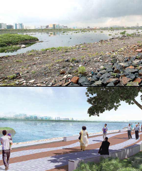 (Above) A picture of the Mithi River from PK Das's book 'On the Waterfront', (Below) The proposed revamp of Mithi River