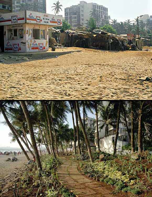 (Above) With no pavements, illegal stalls and debris, Juhu beach used to be a mess (Below) The land they recovered after getting the shanties and other encroachment out was used to beautify create a garden with a walking track
