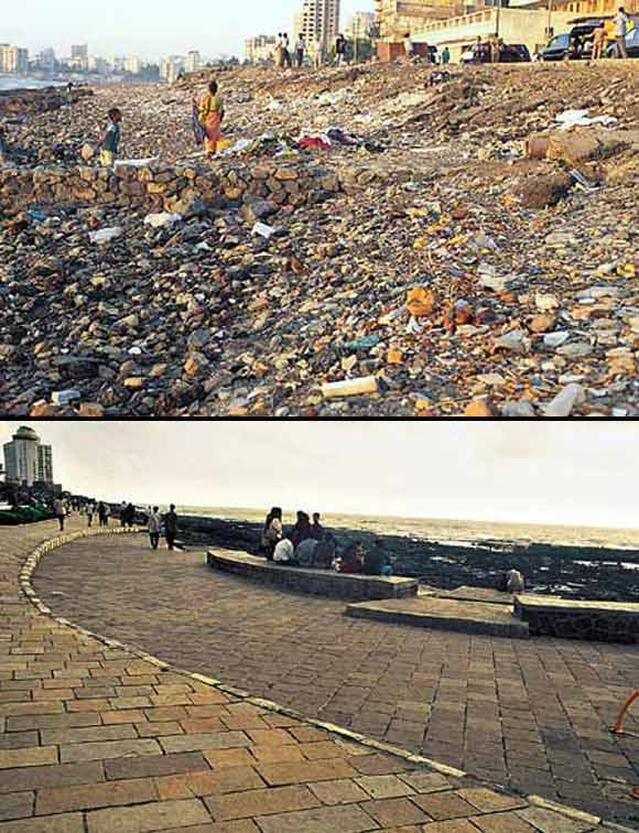 (Above) Not very long ago, Bandra Bandstand used to have no place to stroll or even facilities to simply sit and watch the sun go down. (Below) The 1.5km stretch now has a central garden, lawns, street furniture and a charming promenade.