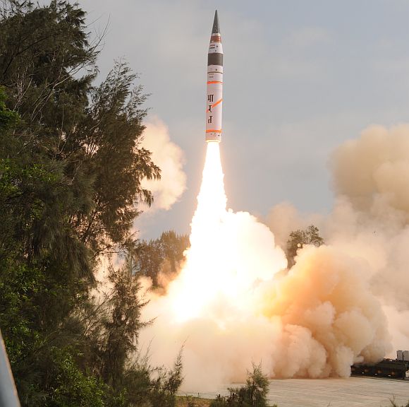 The Agni V missile whose range can target all of China. Photograph: Press Information Bureau