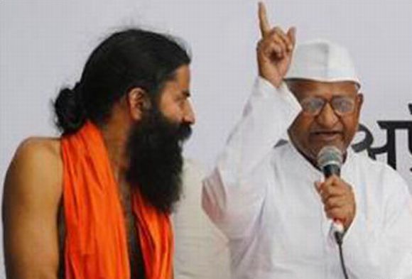 Ramdev with Anna Hazare during an anti-corruption protest in New Delhi