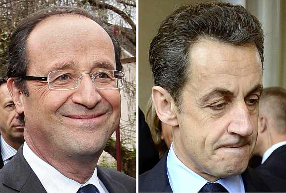 Francois Hollande, Socialist party candidate, and Nicolas Sarkozy, France's incumbent president photographed during the first round 2012 French presidential election April 22