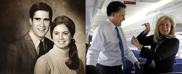 Mitt Romney and his wife Ann in 1969 (L); Mitt Romney and his wife Ann now.