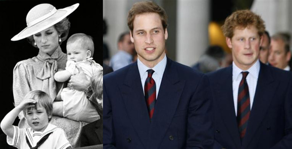 Princes William and Harry with their mother in 1985; Princes William and Harry now.