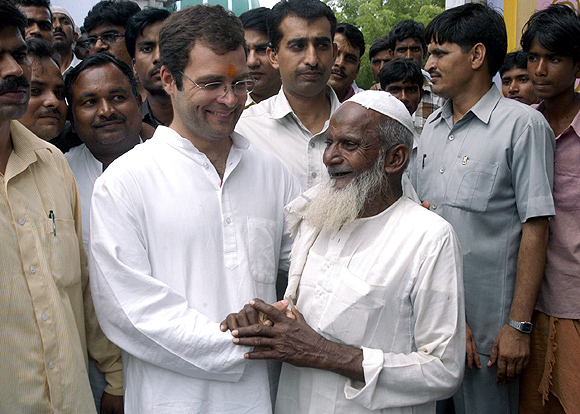 Rahul Gandhi is greeted by a Muslim supporter in Gauriganj village, Amethi