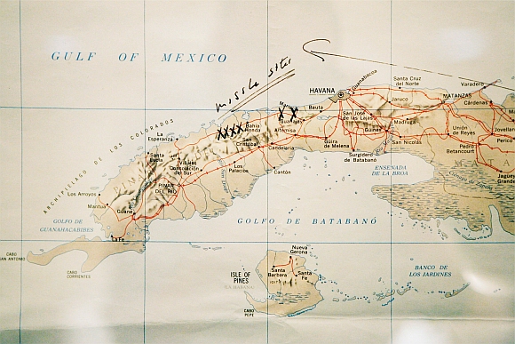 This map of Cuba annotated by former US President John F Kennedy is displayed for the first time at the John F. Kennedy Library in Boston, Massachusetts. Former President Kennedy wrote Missile Sites on the map and marked them with X's when he was first briefed by the CIA on the Cuban Missile Crisis on October 16, 1962