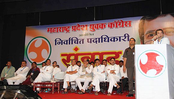 Rahul Gandhi addresses Youth Congress and NSUI workers in Mumbai on Friday. The meeting was also attended by Maharashtra CM Prithviraj Chavan and MPCC chief Manikrao Thakre among others