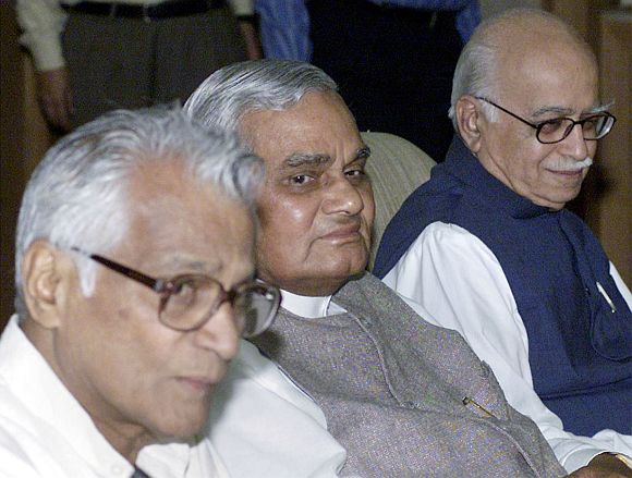 File picture of former defence minister George Fernandes with then prime minister Vajapayee and L K Advani