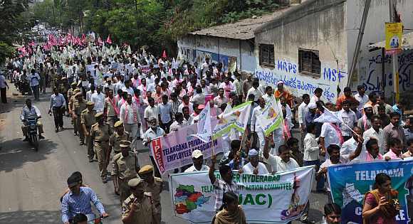 Telangana supporters participate in a protest in Hyderabad