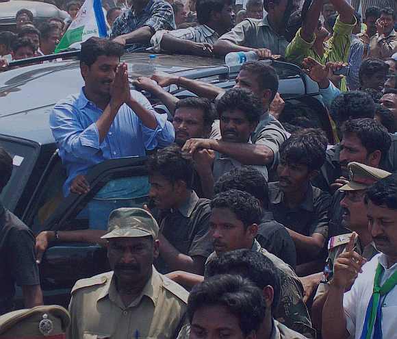 YSR Congress President Jaganmohan Reddy greets his supporters