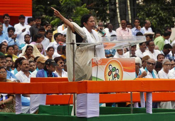 Chief Minister of West Bengal Mamata Banerjee addresses supporters during a rally in Kolkata