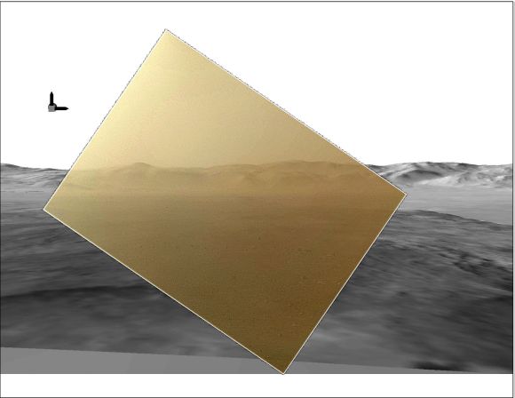 This picture of the Martian landing site of NASA's Curiosity rover puts a colour view obtained by the rover in the context of a computer simulation derived from images acquired from orbiting spacecraft.