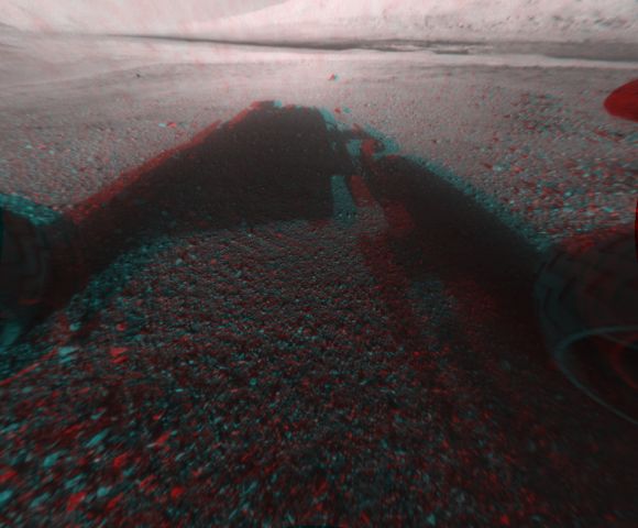This image is a 3-D view in front of NASA's Curiosity rover, which landed on Mars on Aug. 5.