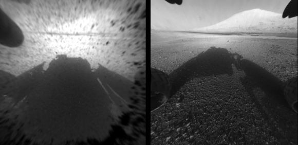 This image comparison shows a view through a Hazard-Avoidance camera on NASA's Curiosity rover before and after the clear dust cover was removed. Both images were taken by a camera at the front of the rover.