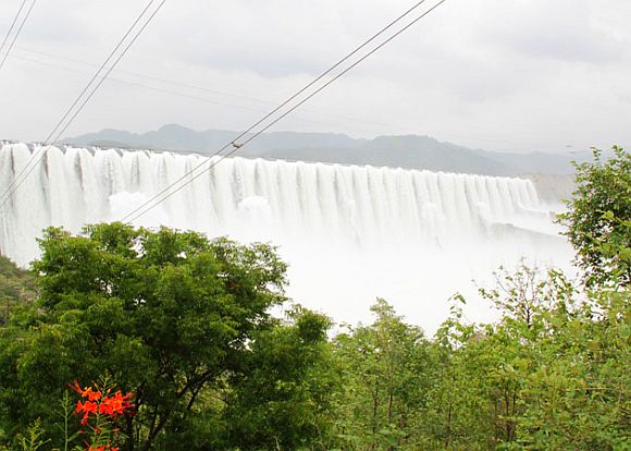 An overflowing Sardar Sarovar Dam on Narmada river on Wednesday