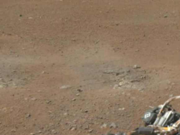 This cut-out from a colour panorama image taken by NASA's Curiosity rover shows the effects of the descent stage's rocket engines blasting the ground. It comes from the left side of the thumbnail panorama obtained by Curiosity's Mast Camera