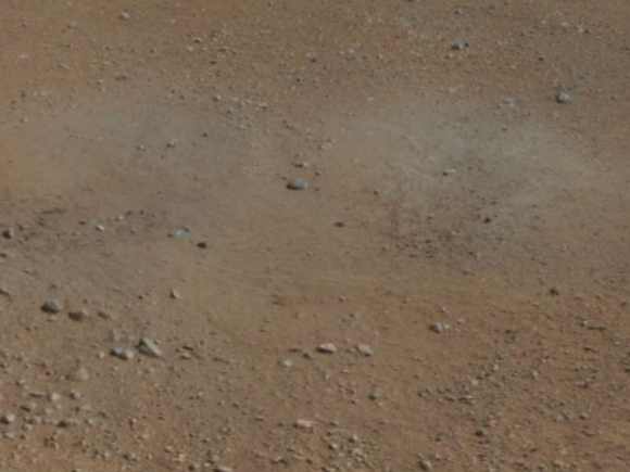 This cut-out from a colour panorama image taken by NASA's Curiosity rover shows the effects of the descent stage's rocket engines blasting the ground. It comes from the right side of the thumbnail panorama obtained by Curiosity's Mast Camera