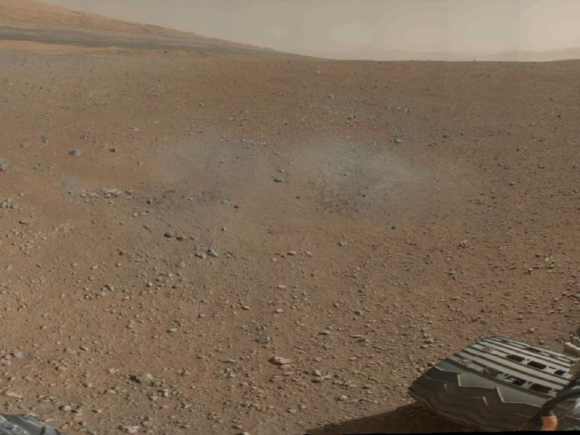 This is a portion of the first colour 360-degree panorama from NASA's Curiosity rover, made up of thumbnails, which are small copies of higher-resolution images. The mission's destination, a mountain at the center of Gale Crater called Mount Sharp, can be seen in the distance, to the left