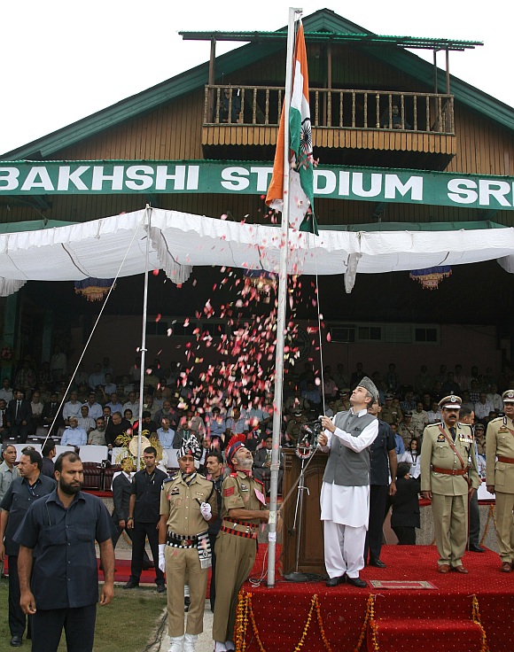 jammu and Kashmir Chief Minister Omar Abdullah unfurls the Tricolour during Independence Day celebrations functions