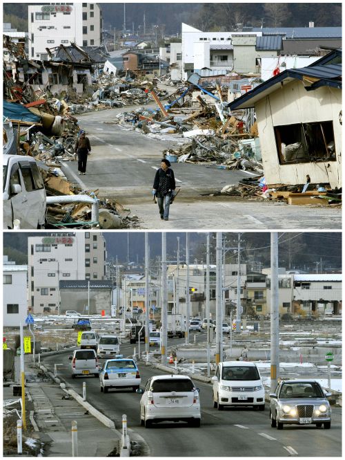 The tsunami-devastated Yamada town in Iwate prefecture is seen in two images taken on March 14, 2011 (top) and March 1, 2012, in this combination photo