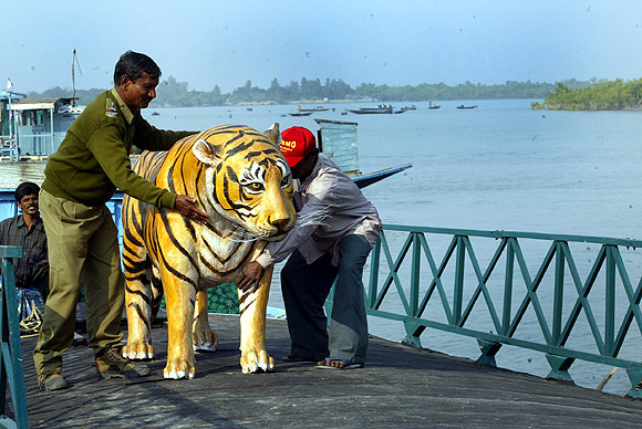 Forest guards hold a model of a tiger at the Sanzekhali tiger reserve in the Sunderbans magrove forest delta