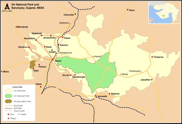 The map of Gir national park and sanctuary in Gujarat
