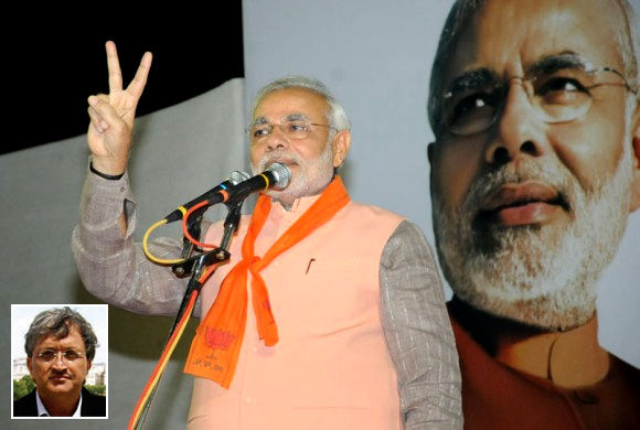Narendra Modi addresses supporters at a campaign rally in his Maninagar constituency (Inset) Ramachandra Guha