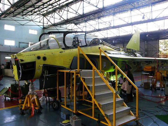 The first HAL Tejas twin-seater trainer version prototype under construction at HAL, Bangalore.