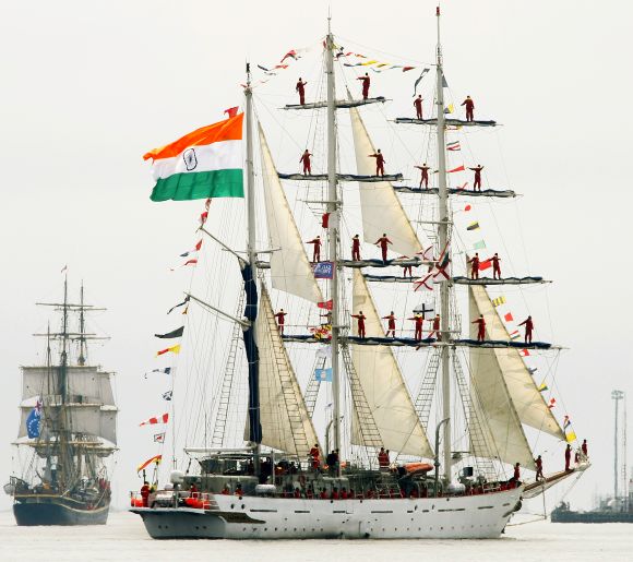 The Indian Navy training barque Tarangini participates in a naval parade in Halifax, Canada